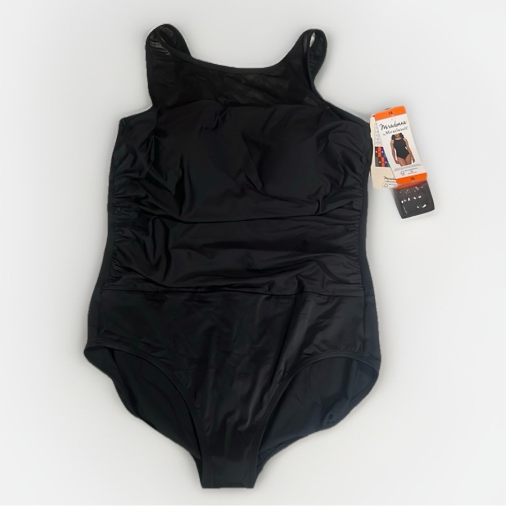 NWT Miradonna Miracle Suit Black Ruched Body with Mesh Neckline